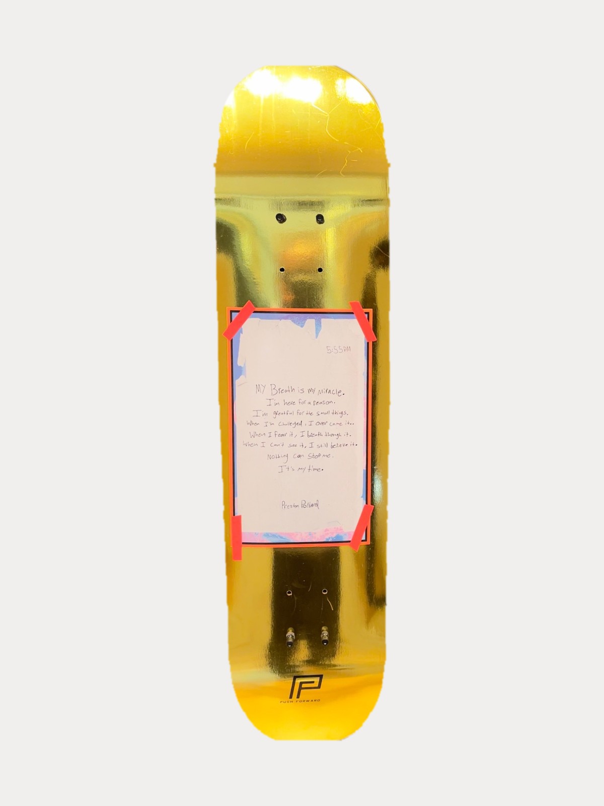 The gold-foil Push Forward deck, the handwritten My Breath Is My Miracle poem taped to its face