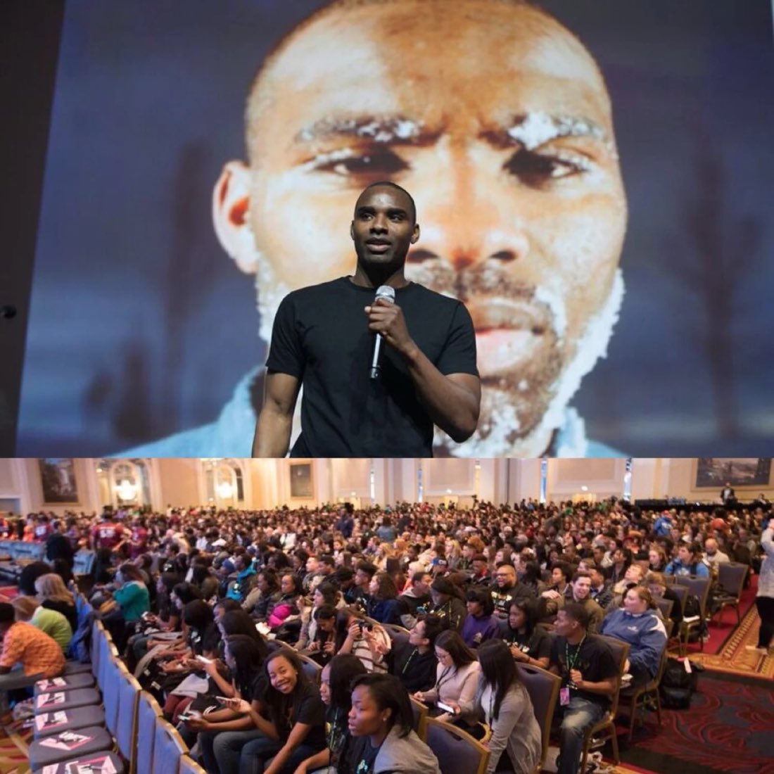Preston Pollard on stage with a microphone in front of a packed auditorium